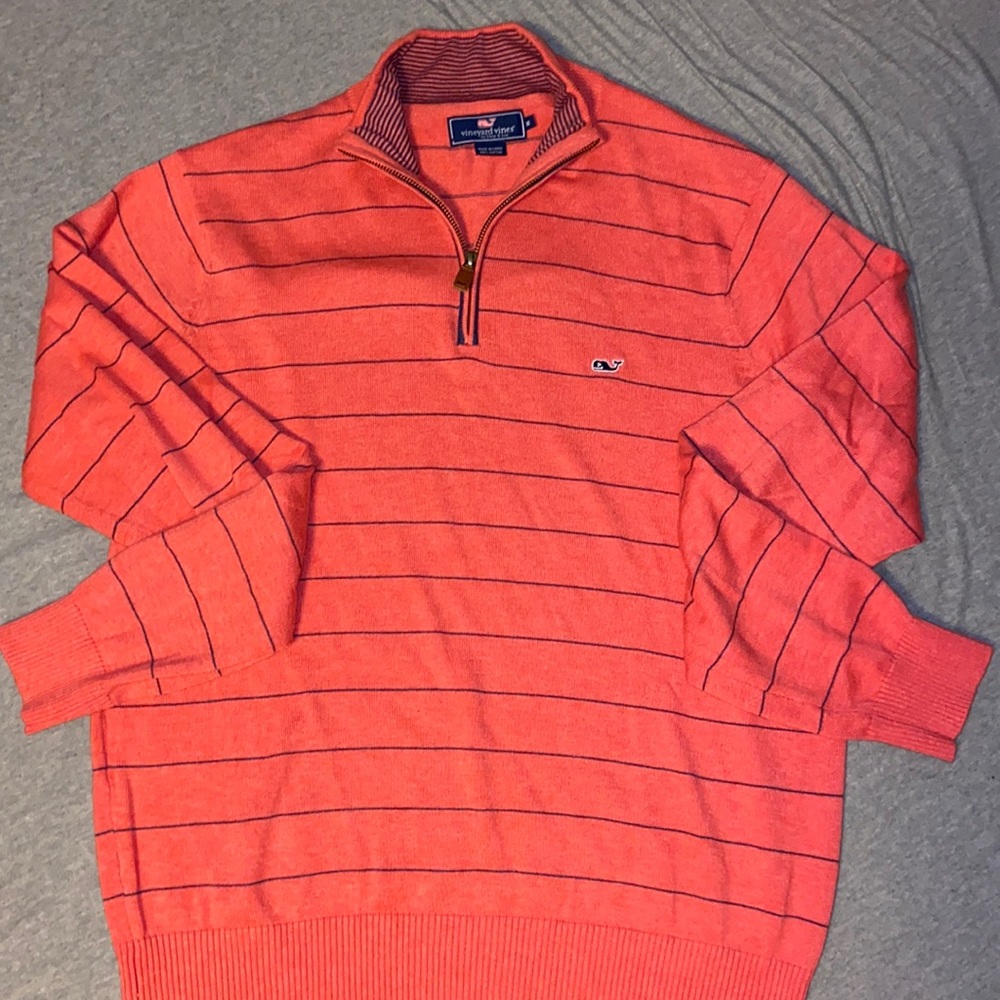 Vineyard Vines Mens Sweater Half Zip Cotton Pink Blue Striped Whale Chest